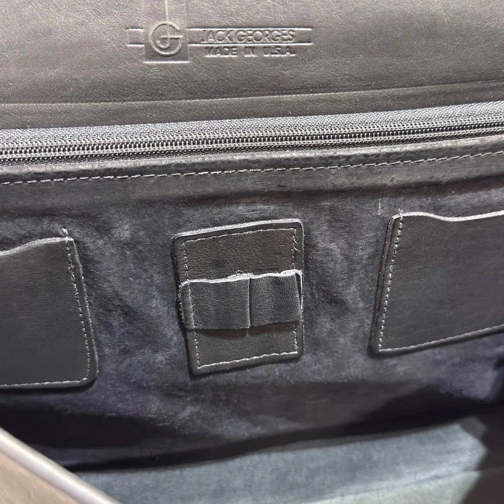 Jack Georges Black Leather Briefcase Messenger Bag Made in USA Brass Turn-lock